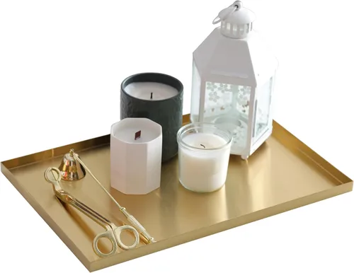 Vista 7 de Freelove Bandeja de Tocador de Metal Dorado con Lijado y Letras, Organizador de Perfumes, Soporte para Joyas, Plato para Maquillaje, Bandeja