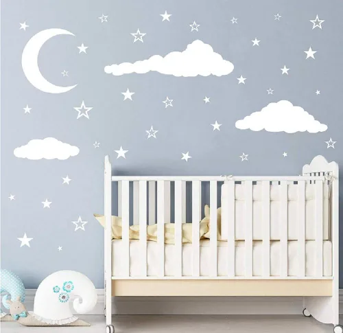 Vista 2 de Calcomanías de pared de vinilo 3D creativas extraíbles con nubes blancas, luna y estrellas, calcomanías de pared para el hogar, decoración de pared
