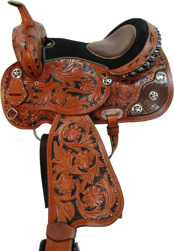 Vista 7 de Western Saddle Barril Racing Caballo Placer Floral Tooled Gator Asiento de cuero Sillines Trail Tack Set 15 16 17 18
