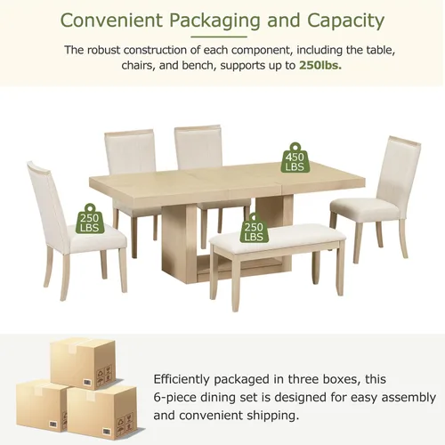 Vista 5 de Merax Juego de mesa de comedor extensible de 78 pulgadas con hojas extraíbles de 18 pulgadas, juego de mesa de comedor de madera de 6 piezas con 4