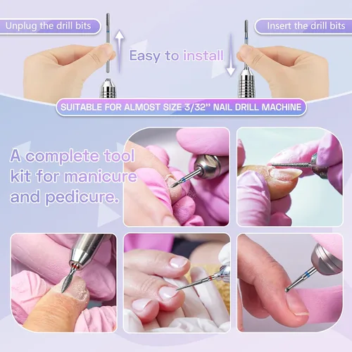 Vista 5 de Juego de 30 brocas para uñas: brocas de diamante de 3/32 pulgadas para preparación de uñas de gel acrílico, contiene cabezas