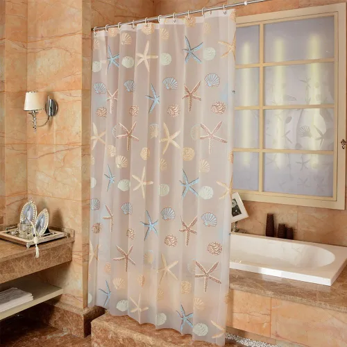 Vista 11 de Uforme de estrellas de mar tema Patrón Cortina, material PEVA impermeable, 100% ecológico, resistente al moho, con ojales de metal. Inoxidable