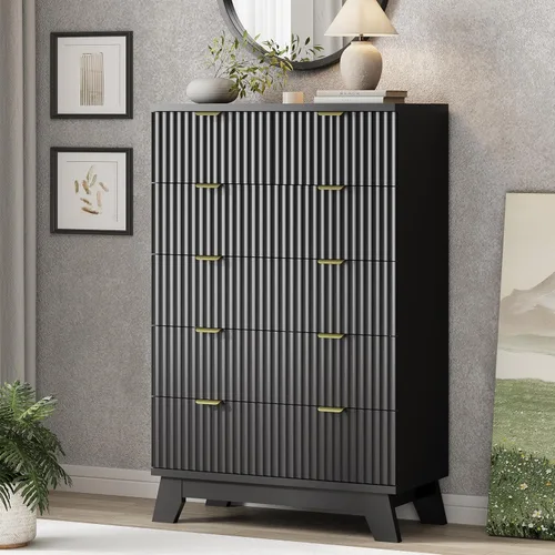 Vista 34 de Cómoda acanalada para dormitorio con 3 cajones, cómoda moderna de 24 pulgadas de ancho con mango de metal, soporte de TV de madera, armario de Negro