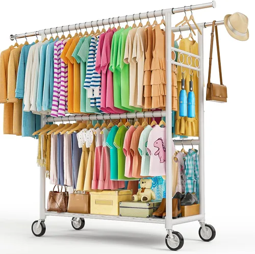 Vista 17 de Perchero de ropa resistente con carga de 860 libras, estantes de ropa rodantes de doble barra para colgar ropa, estante de ropa rodante con estantes