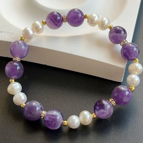 Vista 3 de Cristal ámbar Pulsera elástica de cuentas de cristal de oro de 14 quilates para mujer, Gema, cristal