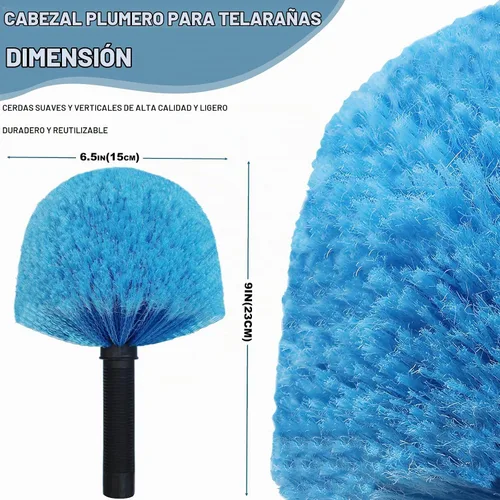 Vista 2 de Cepillo de cabeza de telaraña, cepillo giratorio para limpieza de tela de araña en exteriores e interiores, se adapta a postes roscados estándar