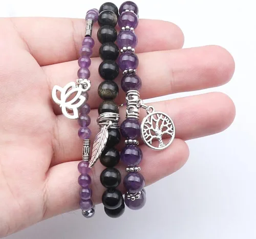 Vista 4 de UEUC - Pulseras Reiki, apilables, de piedras curativas, cristales, con dije del árbol de la vida, yoga y hoja de loto, contra la ansiedad