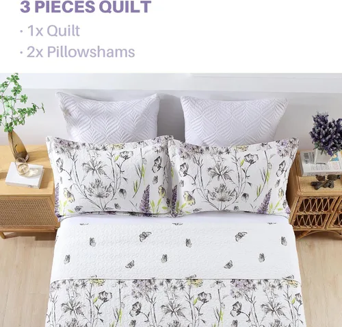 Vista 4 de PANGUSHAN Juego de edredón tamaño Queen – Juego de edredón 100% algodón, colcha botánica floral con 2 fundas de almohada, ropa de cama ligera