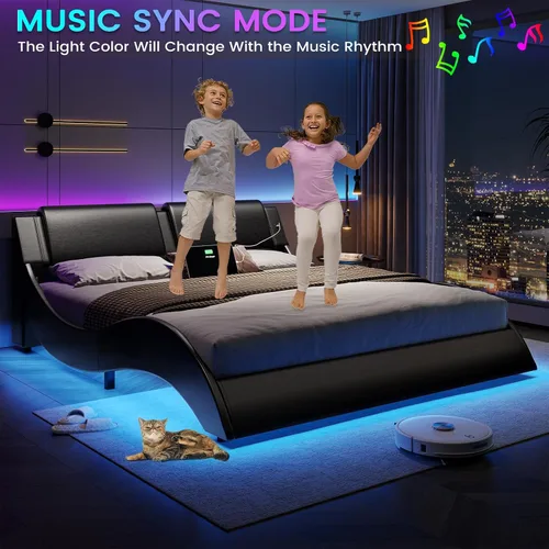 Vista 5 de DICTAC - Marco de cama Queen con luces LED y puertos de carga, cama moderna tapizada tamaño Queen con cabecera, marco de cama de plataforma