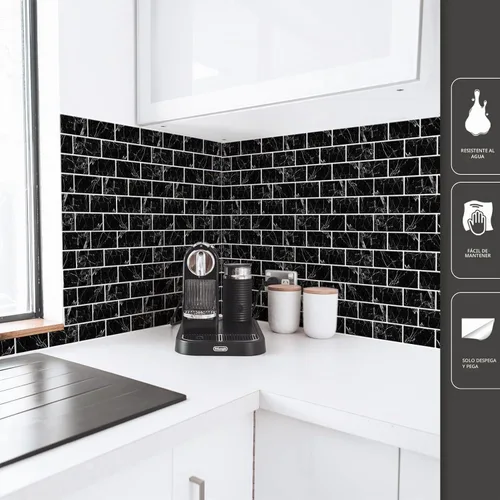 Vista 3 de Art3d Protector contra salpicaduras autoadhesivo de 10 hojas, 12 pulgadas x 12 pulgadas, azulejos tipo metro en diseño de mármol Mármol negro