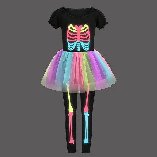 Vista 2 de LMYOVE Disfraz de esqueleto para niñas que brilla en la oscuridad, huesos punk, vestido tutú de Halloween para niños, juego de disfraces de lujo