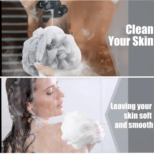 Vista 5 de Shellwei 32 esponjas de baño para ducha, 2.12 oz de carbón, grande, de malla, esponjoso, suave, para hombres y mujeres, con accesorios de baño