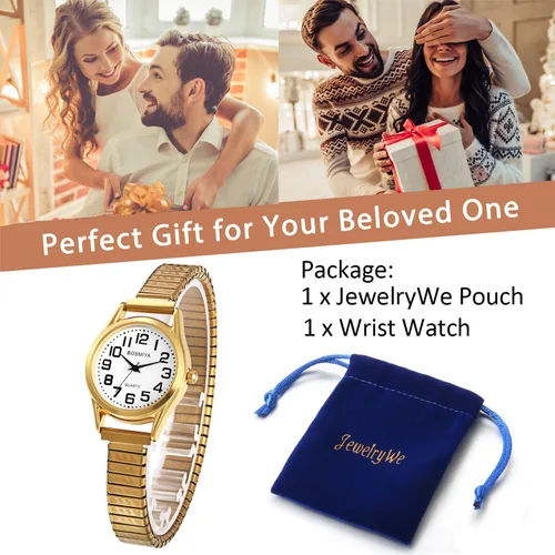 Vista 6 de JewelryWe Reloj de pulsera con esfera grande para mujer, color dorado, plateado, banda elástica para Navidad