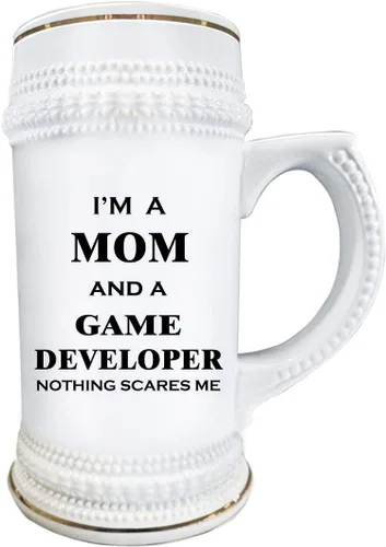 Vista 2 de Idea de regalo para desarrollador de juegos, diseño de mamá, mujer, esposa, cerveza, taza de cerveza de 22 onzas, diseño de videojuegos, desarrollo