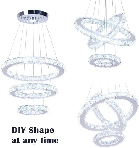 Vista 5 de Lámparas de araña LED de cristal, lámpara colgante moderna para comedor, lámpara de techo ajustable con 3 anillos, de acero inoxidable, blanco frío