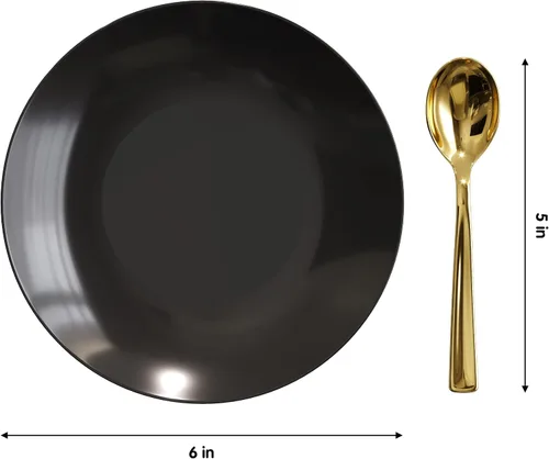 Vista 3 de Trendables Platos de postre desechables de 120 quilates con cucharas doradas (sirve para 60 personas), platos de plástico pequeños negros