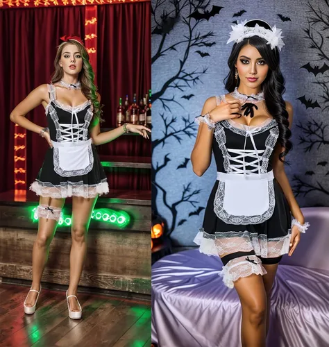 Vista 4 de Disfraz de sirvienta de Halloween para mujer, lindo delantal clásico con ribete de encaje, mini vestido de sirvienta