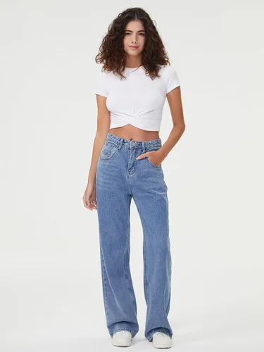 Vista 2 de HDLTE Jeans de pierna ancha para mujer, pantalones holgados de cintura alta, pantalones de mezclilla holgados estilo boyfriend, Y2K