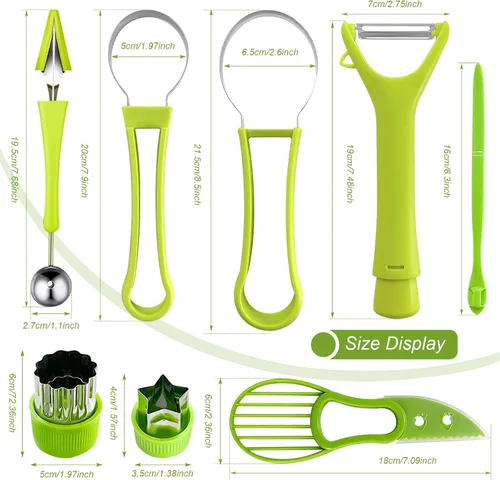 Vista 2 de Juego de 18 cucharas de melón Baller, juego de pelador de frutas de acero inoxidable 4 en 1, cortador de aguacate, pelador de naranja, frutas