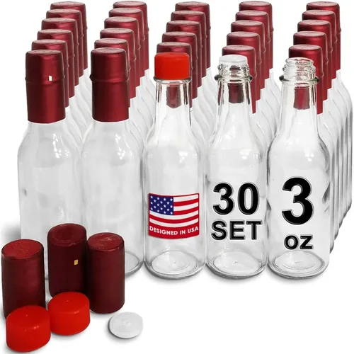 Vista 8 de Dasher - Botellas de salsa picante de 3 onzas, botellas vacías de vidrio transparente con cápsulas retráctiles, botella de vino pequeña con bandas