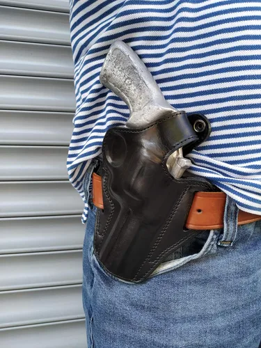 Vista 2 de Funda de cuero hecha a mano para Smith y Wesson Modelo 686 357 Magnum 4 pulgadas barril negro bronceado mano derecha