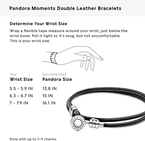 Vista 8 de PANDORA Joyería - Pulsera doble de cuero con circonita cúbica en plata de ley, Metal Cuero