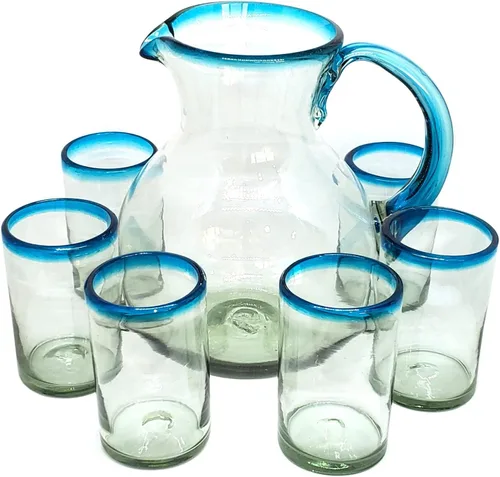 Vista 13 de Aqua Blue Rim - Juego de 6 vasos de 10 onzas (10 onzas) hecho a mano mexicana, vidrio reciclado, sin plomo, sin toxinas (mezclador)