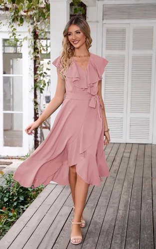 Vista 7 de PRETTYGARDEN - Verano 2024, vestido cruzado por debajo de la rodilla para mujer, con cuello en V profundo, estilo bohemio, floral, manga corta