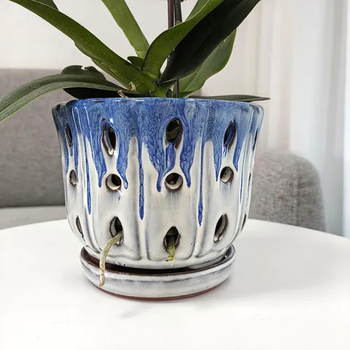 Vista 4 de Maceta de cerámica para orquídeas con agujero de drenaje de 6'' (Cubierta azul, blanca)
