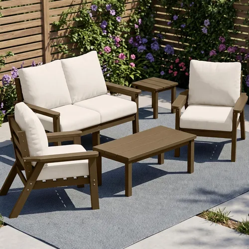 Vista 58 de PLUUV Juego de muebles de patio al aire libre HDPE, 7 piezas, marco negro Marco negro/cojín gris
