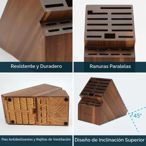 Vista 5 de KITCHENDAO Bloque de cuchillos de madera de acacia de 20 ranuras sin cuchillos, soporte universal para cuchillos de cocina, sostiene múltiples tipos