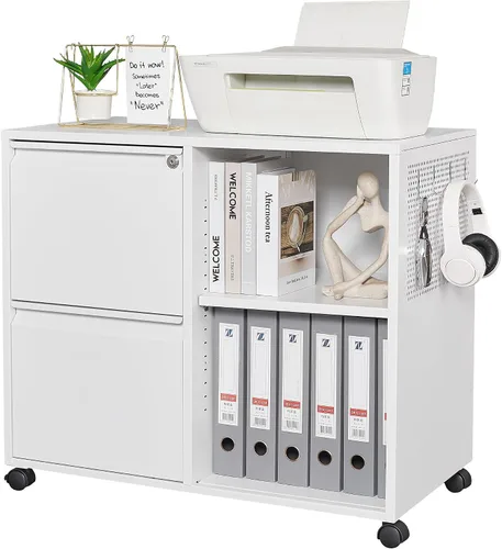 Vista 9 de Letaya Archivador móvil de 2 cajones con cerradura, soporte lateral de metal para impresora, gabinetes de almacenamiento de archivos con estantes