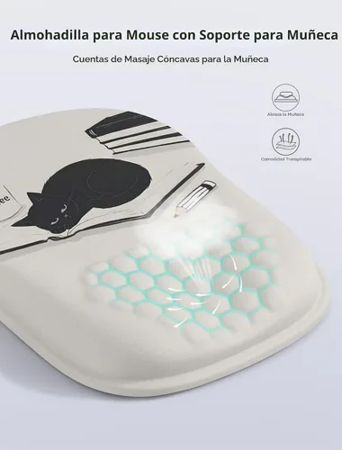 Vista 3 de Alfombrilla de mouse ergonómica con bonito diseño de gato negro, para aliviar el dolor del túnel carpiano, área de mouse 65% utilizable