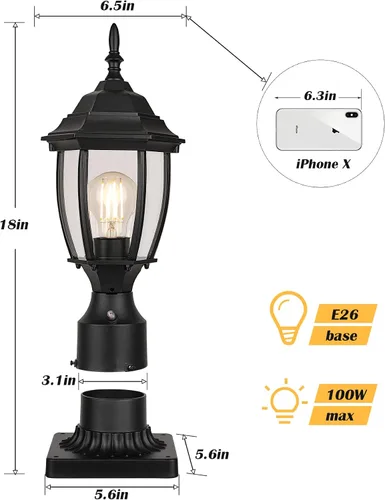 Vista 2 de Paquete de 2 luces de poste para exteriores con cableado fijo de 120V del anochecer al amanecer, lámpara de poste de aluminio impermeable con base