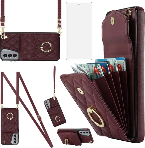 Vista 12 de Funda para teléfono Samsung Galaxy S21 5G de 6.2 pulgadas, funda tipo cartera con protector de pantalla de vidrio templado y correa cruzada