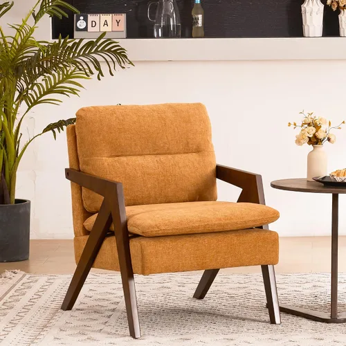 Vista 26 de Silla con acento moderno de mediados de siglo con marco de madera maciza, sillas tapizadas de chenilla para sala de estar con cojín para dormitorio