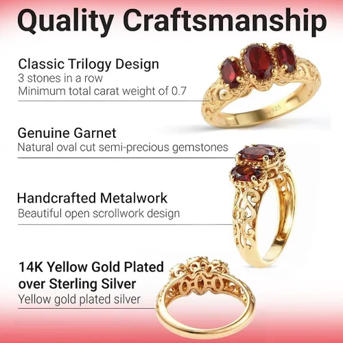 Vista 3 de 3 Stone Garnet Ring for Women in 925 Sterling Silver With 14K Gold Plating - January Birthstone Promise Engagement Vintage Red Garnet Jewelry
