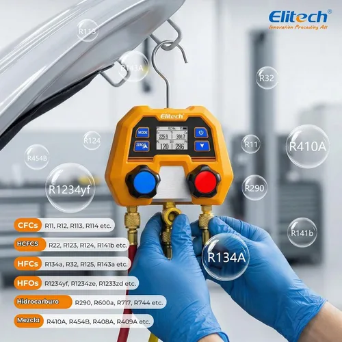 Vista 5 de Elitech Manómetro Digital de Colector para Sistemas HVAC, Refrigeración y Aire Acondicionado - Soporta Refrigerantes R410A/R454B/R134, Medición