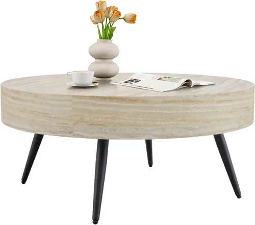 Vista 12 de LKTART Mesa de centro para sala de estar, mesas de centro redondas de madera con almacenamiento, mesa de té moderna de centro de metal para Marrón