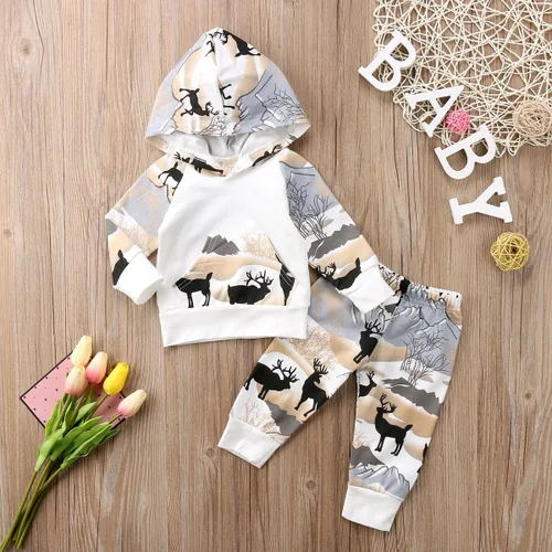 Vista 2 de Conjunto de 2 piezas de sudadera con capucha para bebé y niño, diseño de dinosaurio. Atuendo de otoño e invierno.
