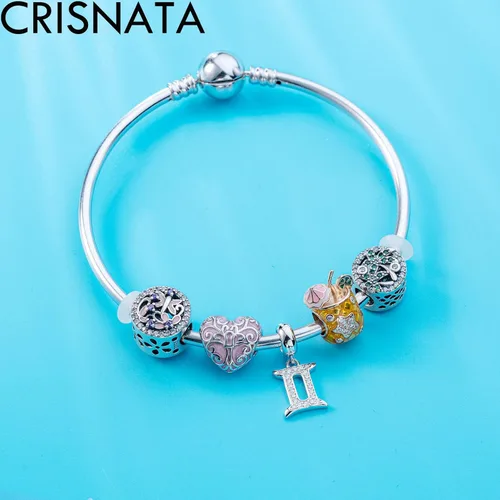 Vista 3 de CRISNATA Dijes con dije de constelación del zodiaco con circonita cúbica transparente, cuentas de horóscopo de plata de ley 925, se adapta a