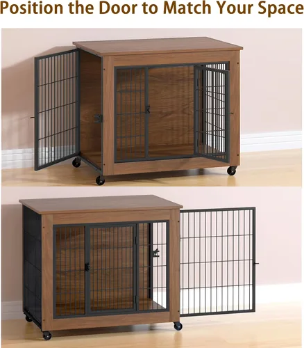 Vista 5 de Mueble de jaula para perros de 32.5 pulgadas con ruedas, mesa de madera resistente para perreras, jaula para mascotas de interior con 2 puertas