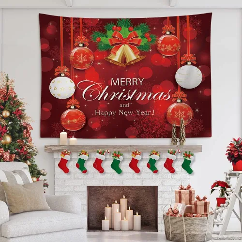 Vista 2 de OTOSTAR Tapiz de Navidad con diseño de bola de Navidad, Feliz Navidad y Feliz Año Nuevo, tapiz para colgar en la pared, adornos de Navidad, adornos