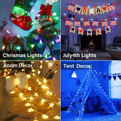 Vista 4 de OMIKA Guirnalda de luces de estrella con pilas, 33 pies, 60 LED, con control remoto, cambio de color, luces de estrella para interiores, dormitorio