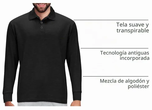 Vista 4 de Camisa estilo Polo de manga larga Premium Wear para hombre, camisa de golf de mezcla de algodón con cuello, solapa de 3 botones, resistente a