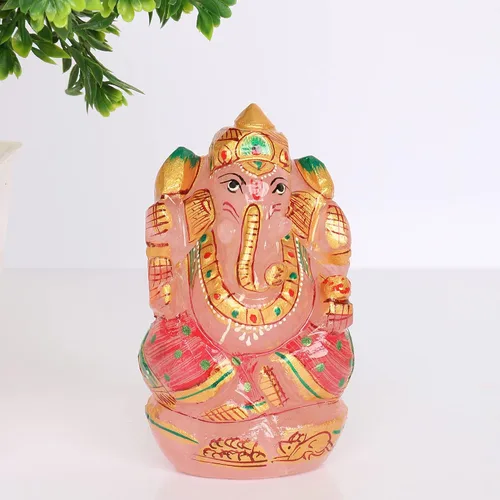 Vista 2 de REAL-GEMS Estatua de escultura de ídolo de Lord Ganesha de cuarzo rosa, tallada a mano, decorativa, curativa, Reiki, figuras de piedras preciosas