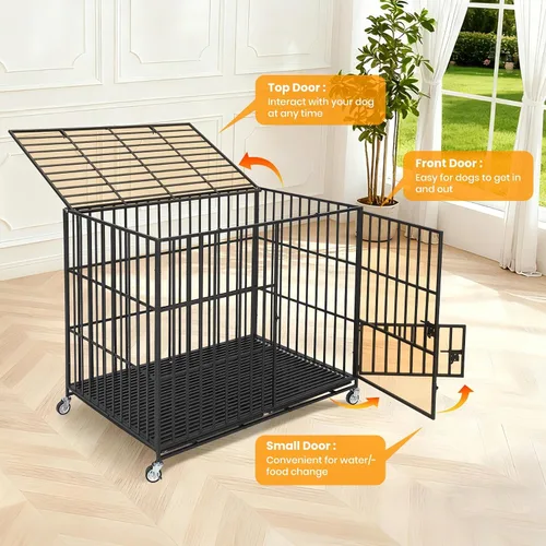 Vista 4 de Jaula para perros a prueba de alta resistencia – Perrera de metal XL con 3 puertas, bandeja extraíble y ruedas, jaula para perros
