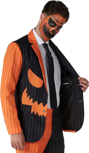 Vista 7 de SUITMEISTER Men's Halloween Pumpkin Suit Costume Jack O Pinstripe Cosplay Party Adult Blazer, Pants & Tie in Black and Orange