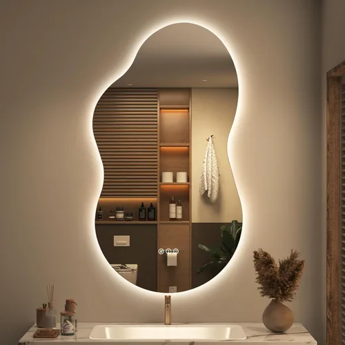 Vista 13 de SMIROR Espejo de Baño Retroiluminado Irregular con Luces 20 x 32, Espejo de Tocador con Luz LED Asimétrica en Forma de Nube para Pared