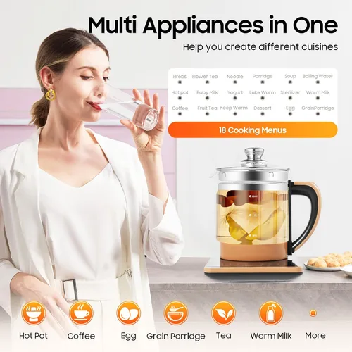 Vista 3 de Hervidor de té eléctrico con control de temperatura e infusor de té, 12 modos de preparación, hervidor de agua caliente de vidrio borosilicato
